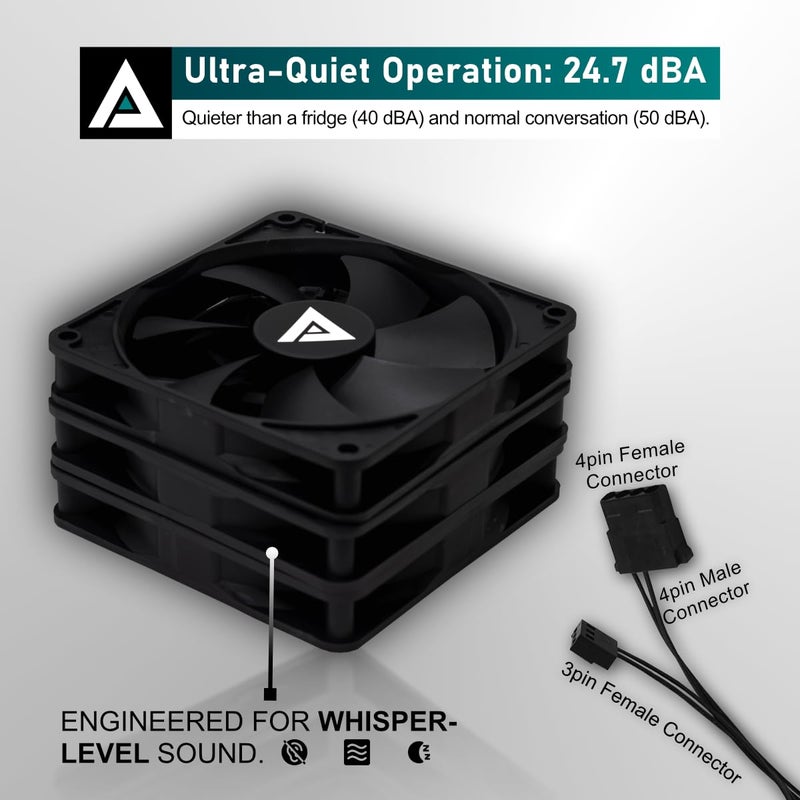 Apevia 120mm Silent PC Case Fan â€“ CF12S-BK, High Airflow 57.67 CFM, Low Noise 24.7 dBA, 4-Pin Molex & 3-Pin Motherboard Connector, 1350 RPM Cooling Fans - Image 3